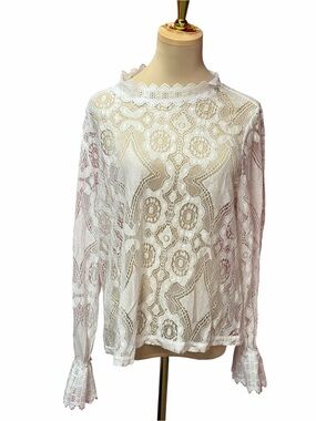 White Lace Mock Neck Blouse Sheer Romantic Cottagecore Top Size Large